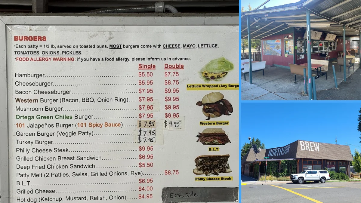 Outdoor seating beside a hamburger restaurant.